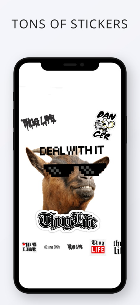 Thug Life Maker ! - Interface of the Thug Life Maker app showcasing meme stickers like pixelated sunglasses and Thug Life text applied to a goat photo.