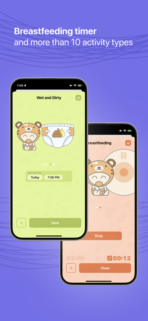 Mommy - Baby Tracker & Diary - Interfaz de la aplicación Mommy que muestra el temporizador de lactancia y las funciones de seguimiento de cambios de pañal