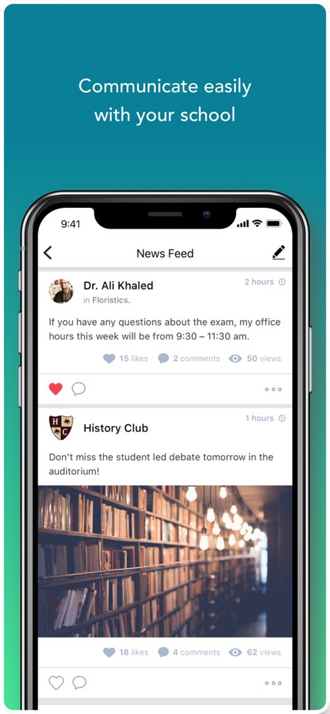 MyU - Interactive Learning - MyU mobile app news feed showing teacher announcements and school club posts