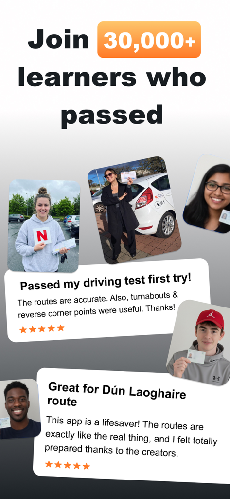 App screen showing testimonials and photos of successful learners who passed their Irish driving test