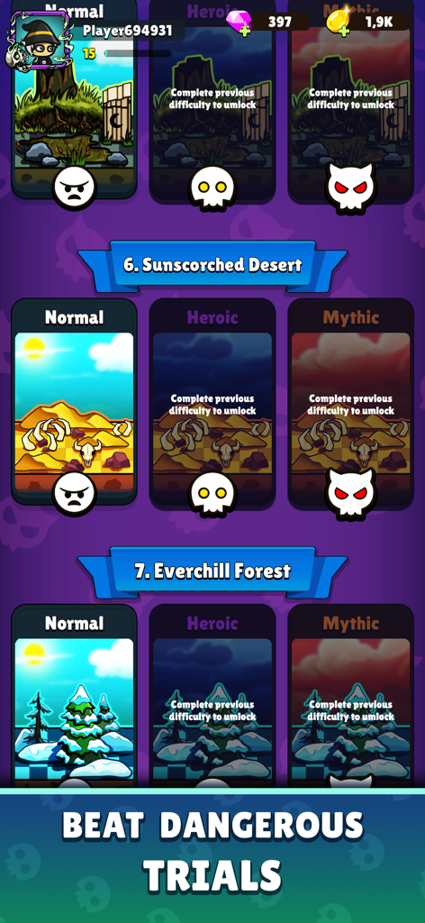 Rise of Necromancer - Pantalla de selección de escenario en Rise of Necromancer que muestra el Desierto Asolado por el Sol y el Bosque Gélido con modos de dificultad Normal, Heroico y Mítico