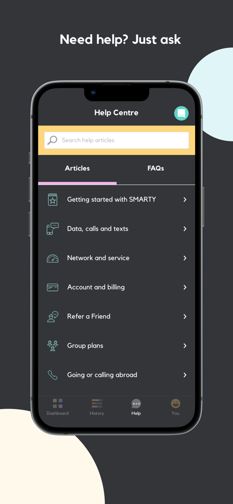 SMARTY - Interfaz del centro de ayuda de la app SMARTY con barra de búsqueda y temas de soporte