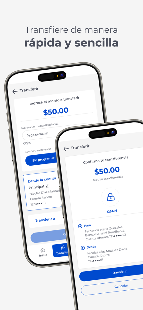 BGR Digital - Dos pantallas de teléfonos móviles mostrando la interfaz de transferencia de dinero y el proceso de confirmación en la aplicación BGR Digital.