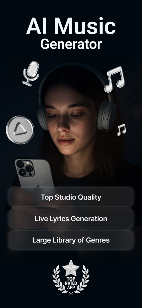 Riffusion: AI Music Generator - Uma mulher usando fones de ouvido e o aplicativo Riffusion AI Music Generator em seu telefone para criar músicas de qualidade de estúdio com letras ao vivo.