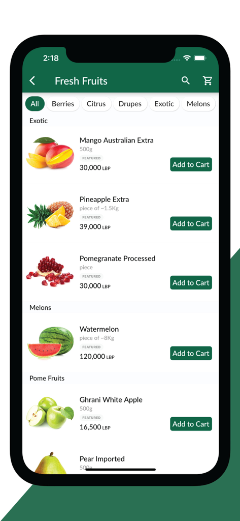 Hachem Online - Mobile app interface of Hachem Online showing a variety of fresh fruits like mango and pineapple for grocery delivery in Lebanon