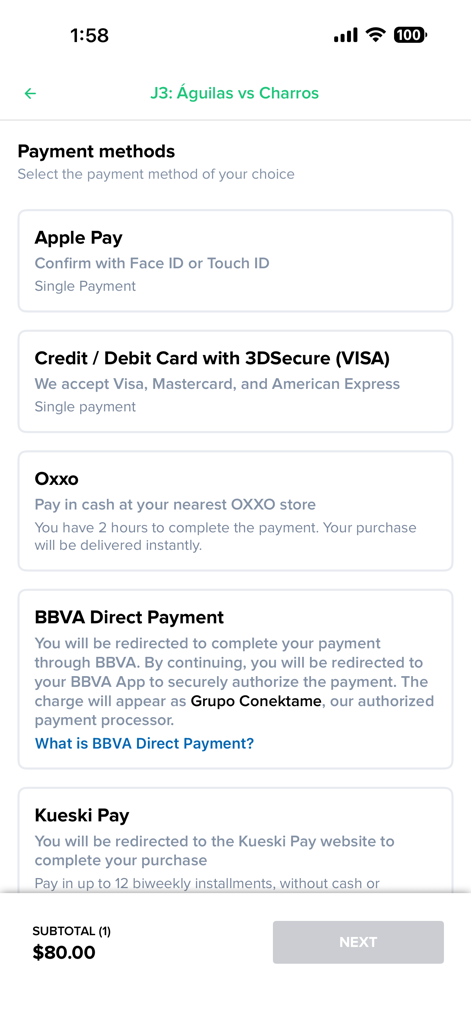 Boletomóvil - Boletomovil app payment methods screen showing Apple Pay, credit card, Oxxo, and BBVA options for a ticket purchase