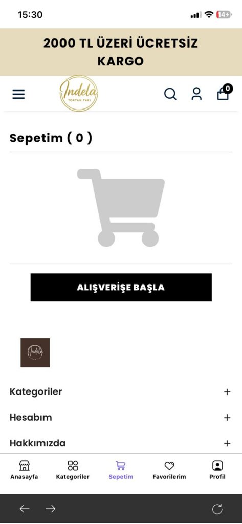 Indela Toptan Takı - Empty shopping cart interface for Indela wholesale jewelry app featuring a start shopping button and free shipping banner.