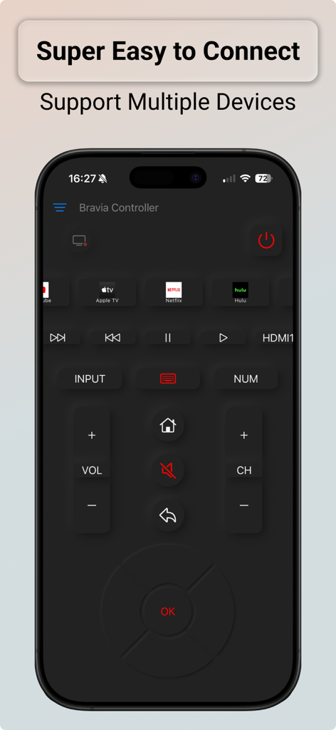 Bravia Controller - Sony TV - Bravia Controller app interface on iPhone showing remote control layout and easy connection features
