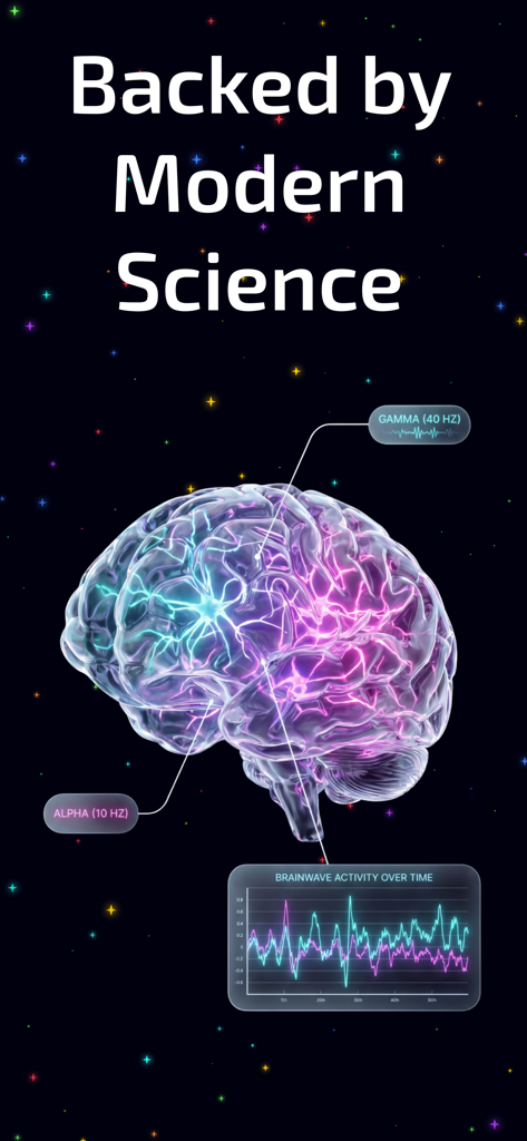 NeuroPulse: Binaural Beats - Glowing brain graphic with labels for alpha and gamma frequencies and a brainwave activity chart