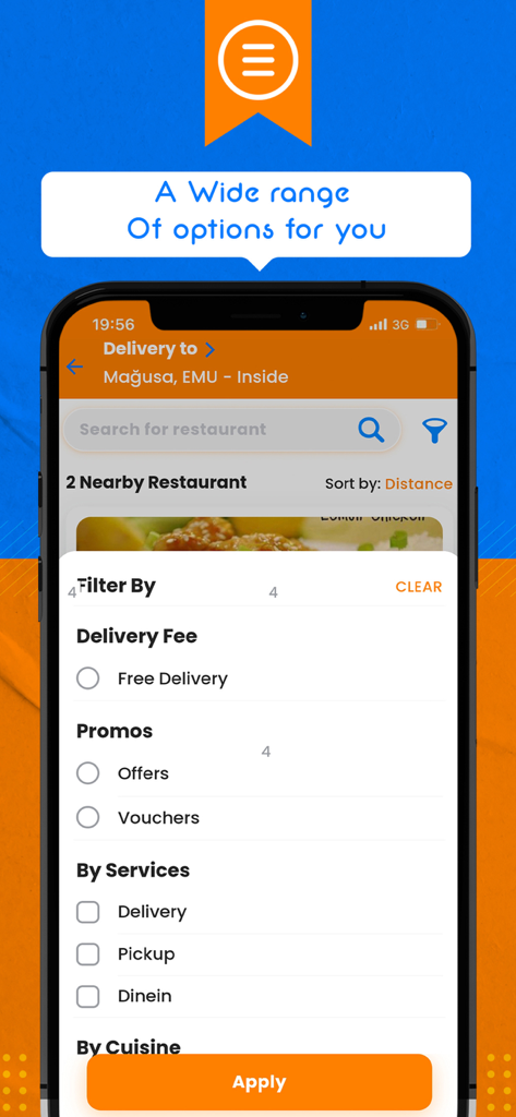 Screen of Fooder app showing restaurant filter options like free delivery and offers