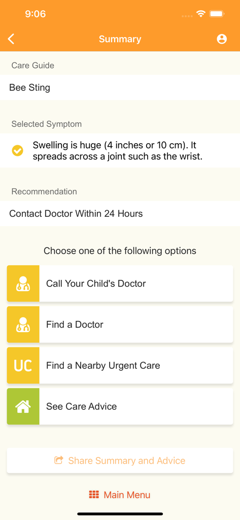 Summary screen of the KidsDoc app showing bee sting symptoms and medical care recommendations.