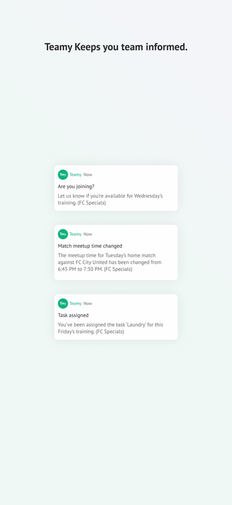 Teamy for sports teams - Notificaciones móviles de la aplicación Teamy que muestran actualizaciones de partidos y asignaciones de tareas del equipo