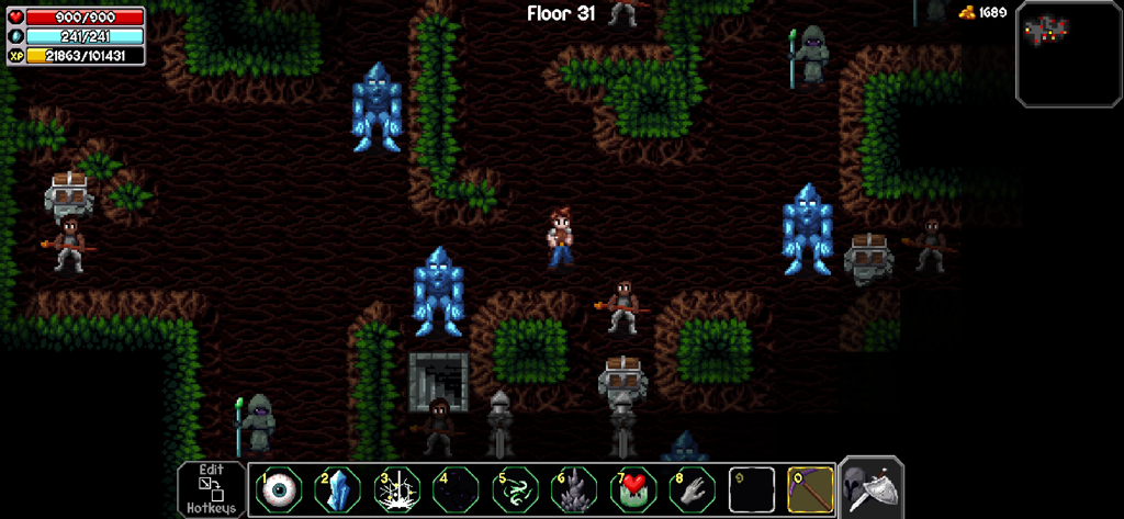 The Enchanted Cave 2 - Gameplay pixel art de arriba hacia abajo de The Enchanted Cave 2 mostrando a un personaje explorando un piso de mazmorra lleno de monstruos y cofres del tesoro