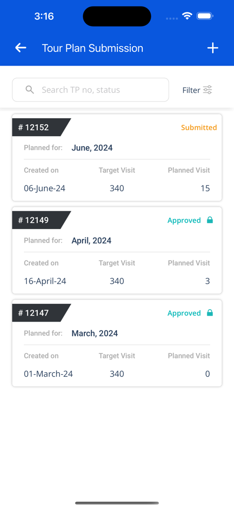 SFA360 - SFA360 app tour plan submission screen showing monthly visit targets and approval statuses for pharmaceutical sales reps