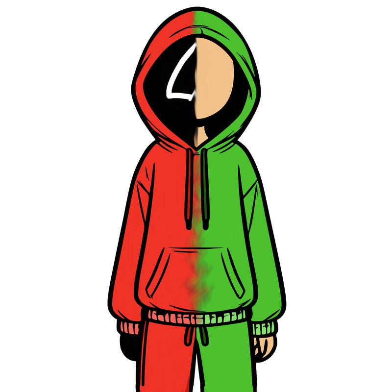 faceless girl in a tracksuit with a hood on and no hair