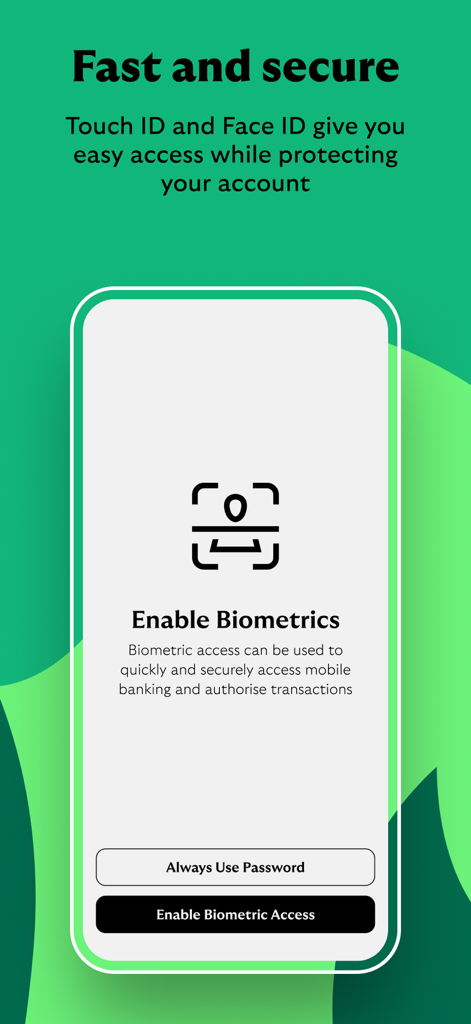 Lloyds Bank International - Setup screen for biometric login on the Lloyds Bank International app highlighting Face ID and Touch ID security features