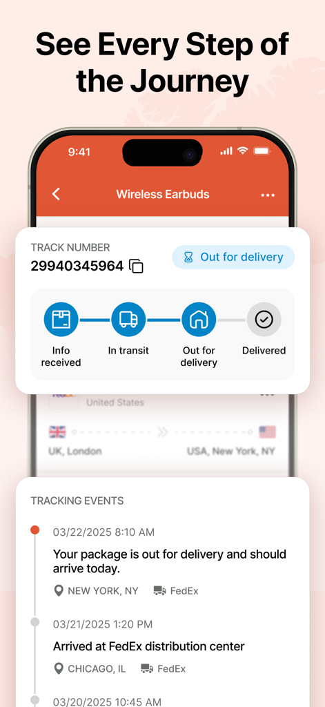 ParcelBox - Package Tracker - Interfaz de la aplicación ParcelBox que muestra el viaje de entrega detallado y el estado en tiempo real de un envío de paquete.