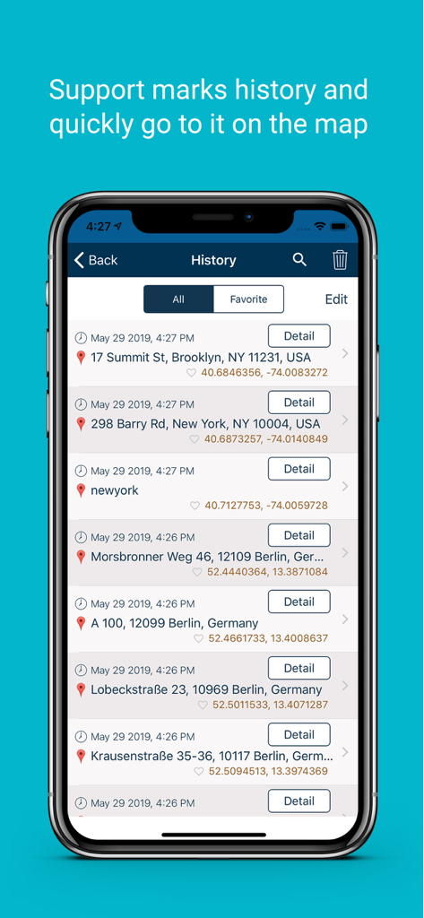 History screen of the Measure Map app displaying a list of saved locations with timestamps and coordinates.