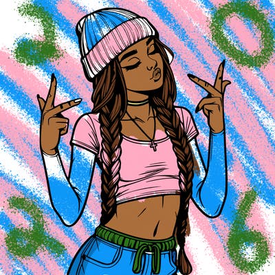realistic teenage girl with braids and a beanie and crop top doing 🫶🏼