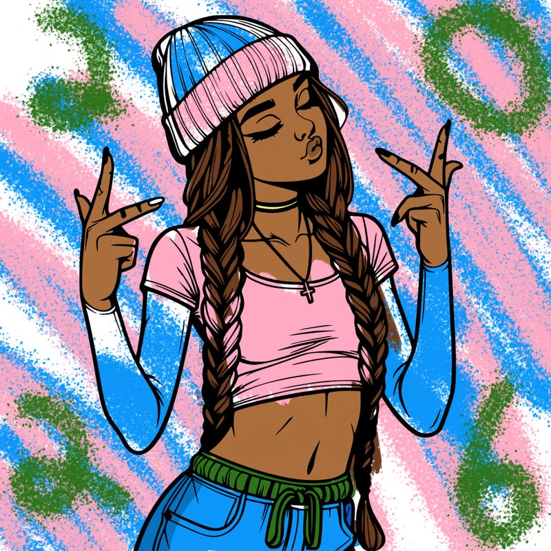 realistic teenage girl with braids and a beanie and crop top doing 🫶🏼