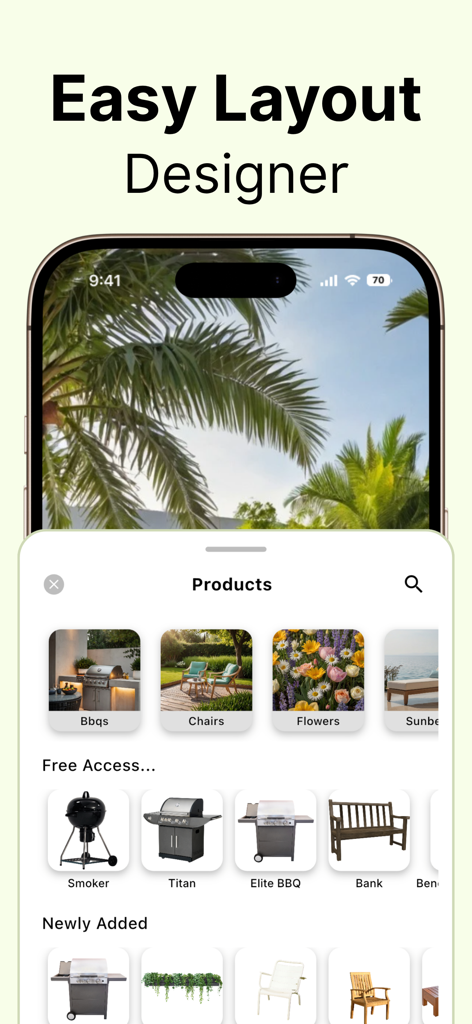 Un écran d'application mobile montrant un concepteur d'agencement de jardin avec un catalogue de produits pour meubles d'extérieur et barbecues