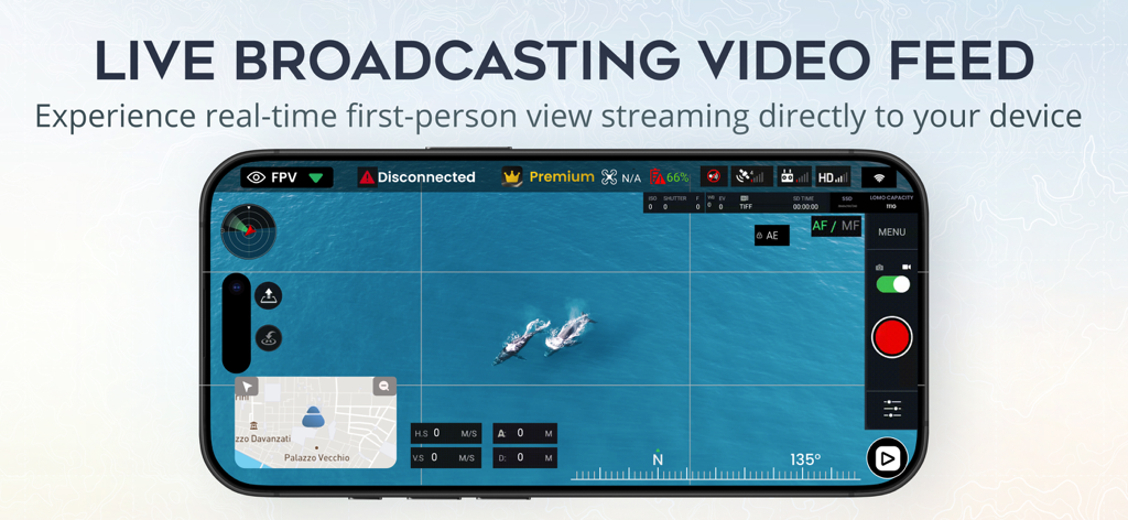 Fly Go 4 drone app displaying a live first person view camera feed of whales
