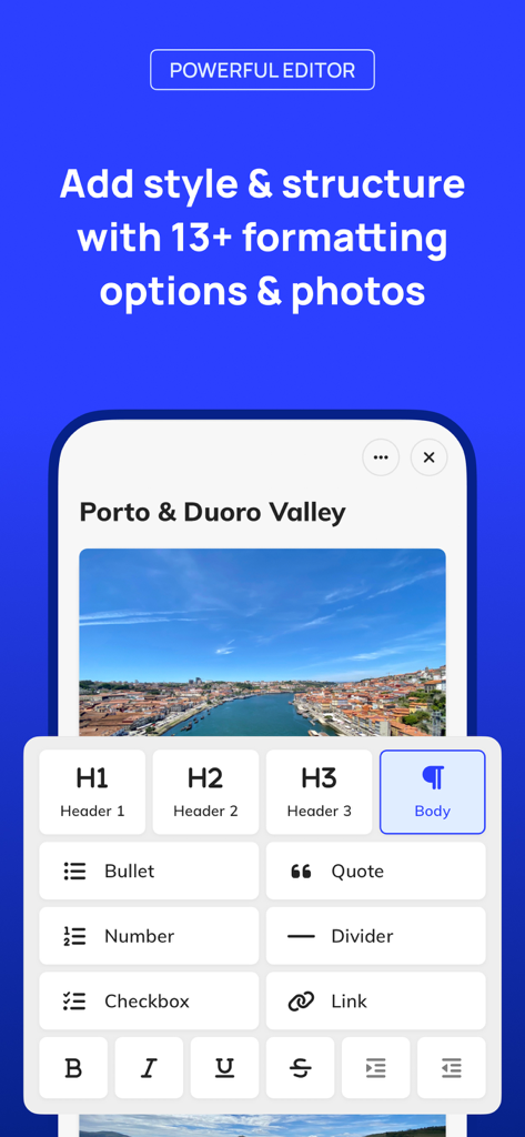 Clearful - Journal & Diary - Interface of the Clearful journal app displaying a powerful text editor with formatting options like headers, bullet points, and checkboxes alongside a photo entry.