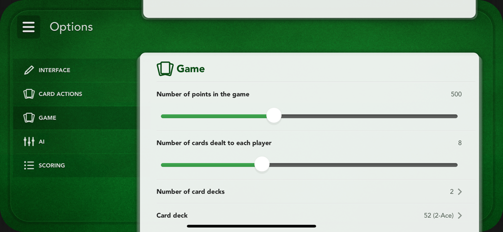 Crazy Eights - Schermata delle impostazioni in Crazy Eights per personalizzare i punti del gioco e le regole del mazzo di carte