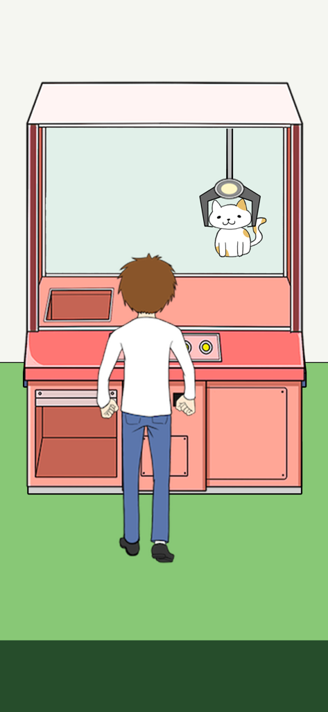 Where's my Cat? -Escape Game- - Um personagem de desenho animado jogando uma máquina de garra rosa para encontrar um gato branco escondido