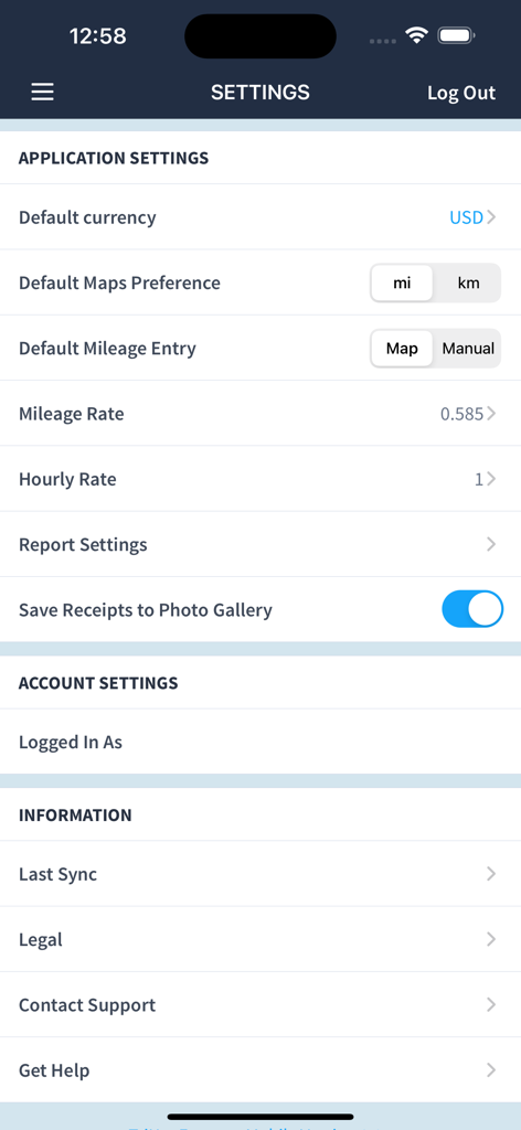 TriNet Expense application settings screen showing currency and mileage preferences
