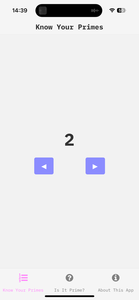 Numberus Primeアプリのインターフェースのスクリーンショット。最初の素数である「2」とナビゲーション矢印が表示されています。