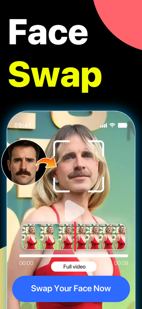 FaceAi: Face Swap Any Video - Una interfaz móvil de la aplicación FaceAi que muestra el rostro de un hombre intercambiado por el de una mujer en un video con un vestido rojo