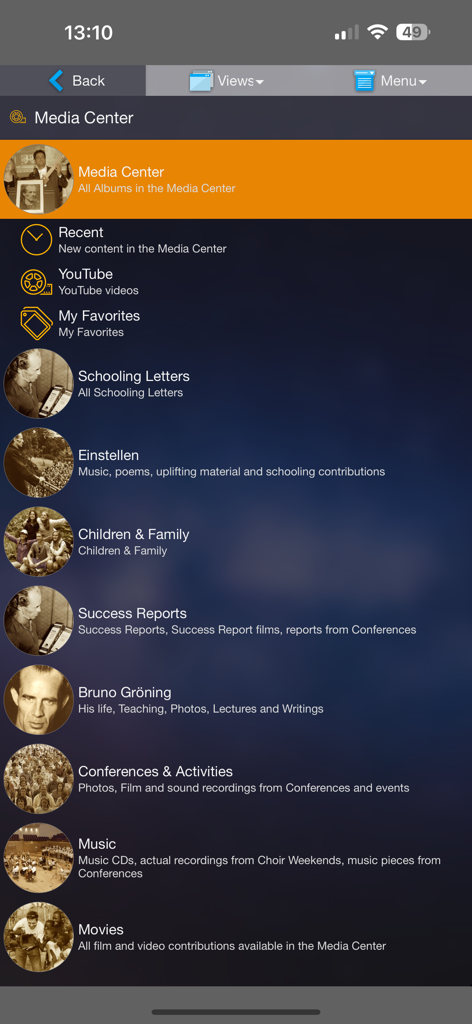 BGF InfoCenter - BGF InfoCenter app media center screen showing categories like success reports music and spiritual teachings