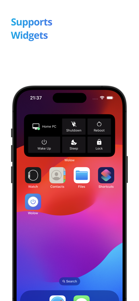 Wolow iOS widget on an iPhone home screen showing remote PC power controls like Wake Up, Shutdown, and Reboot