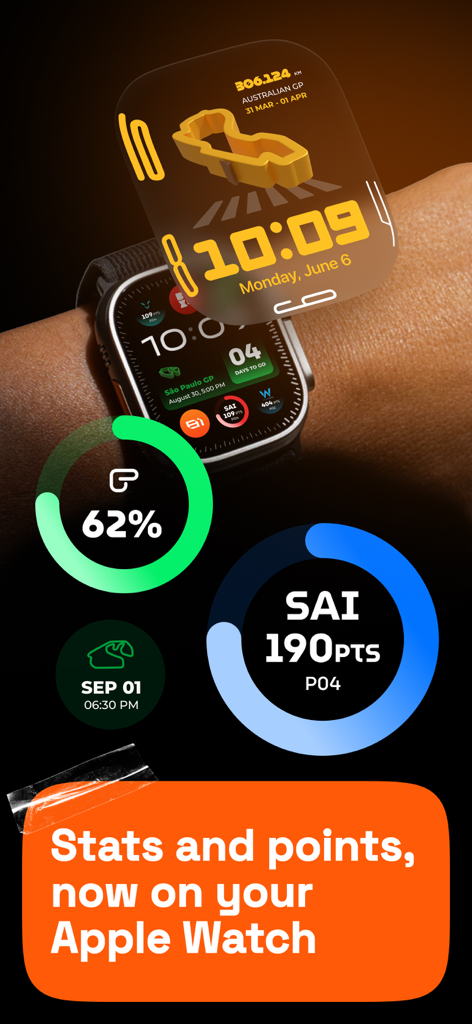 Box Box Club: Formula Widgets - Apple Watch screen showing Formula 1 race statistics and driver points from the Box Box Club app