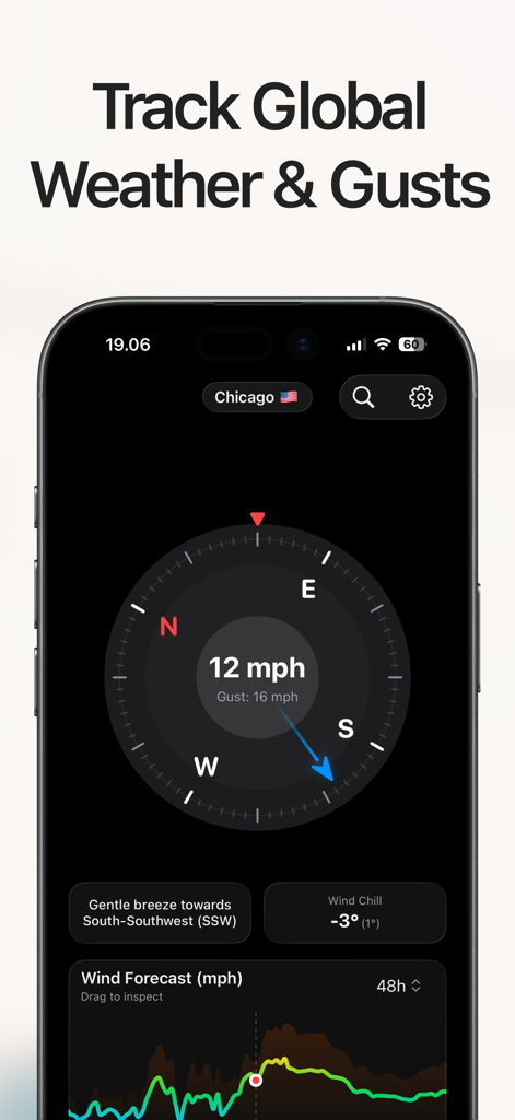 Wind Compass: Predict Speed - A smartphone display showing a wind compass app with live speed, direction, and a detailed wind forecast chart.