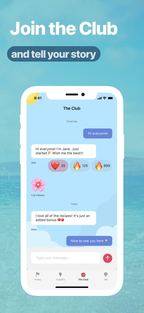 A screenshot of the Prime Intermittent Fasting app showing The Club community chat feature where women share stories and support each other