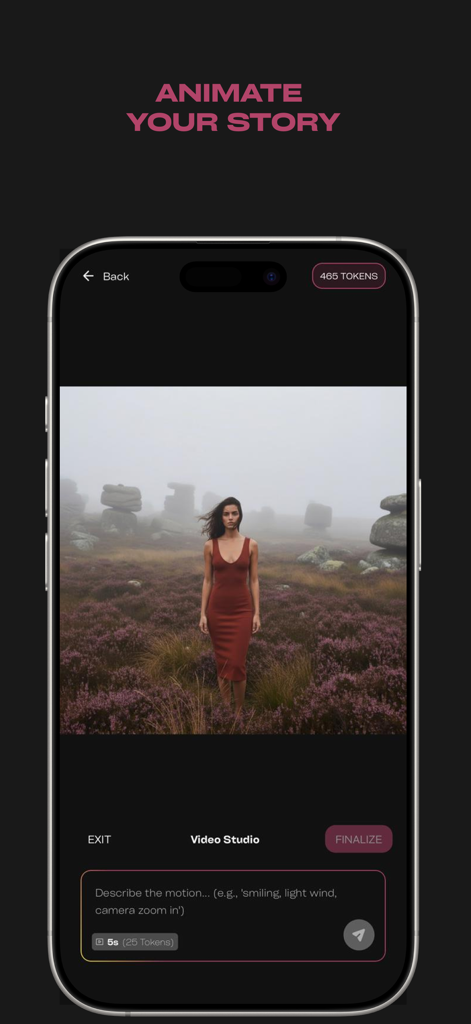 Modio app interface showing AI video studio to animate fashion photos with text prompts