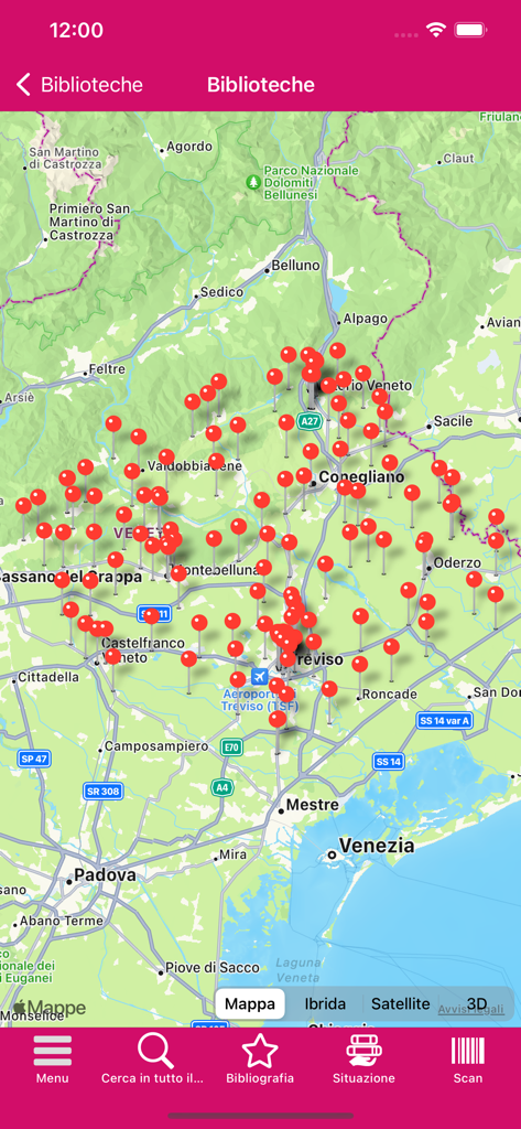 TVB - Una mappa all'interno dell'app TVB che mostra numerosi segnaposto rossi per le sedi delle biblioteche nella regione di Treviso e Veneto.