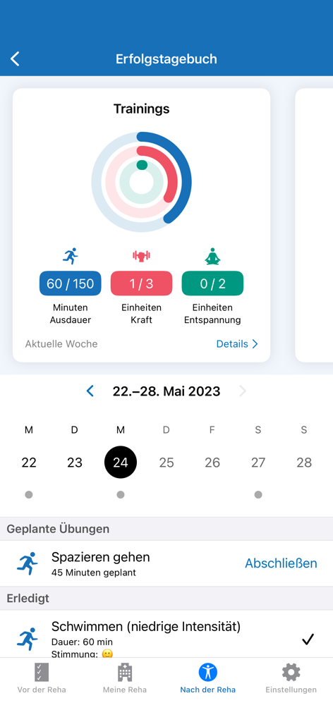 Hamm Kliniken - Écran de journal de succès de l'application Hamm Kliniken montrant des anneaux de progrès d'entraînement de réadaptation et des activités physiques programmées.