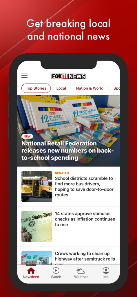 WLUK FOX 11 news app interface showing a feed of local and national news stories.