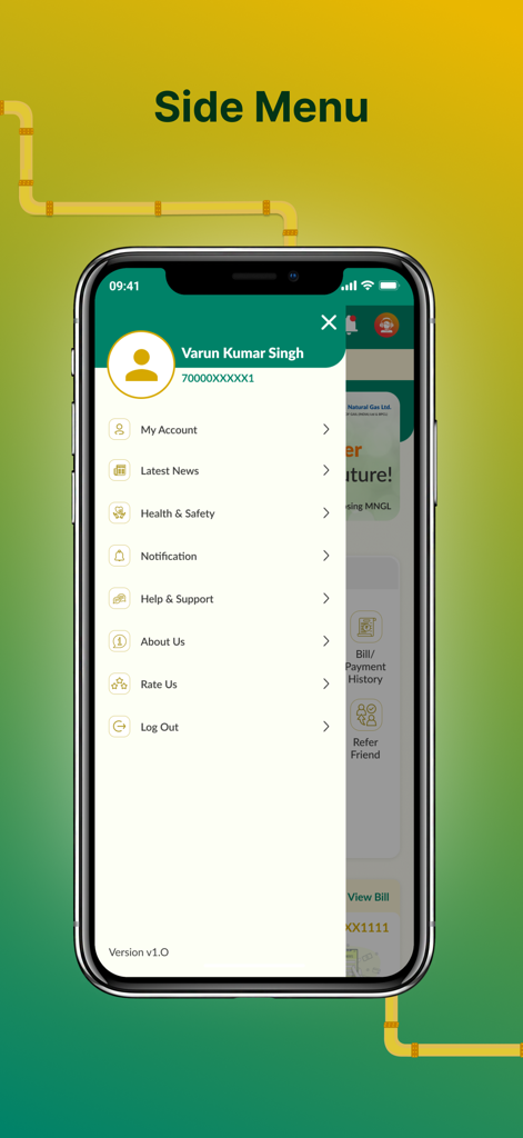 My MNGL - Side menu of My MNGL app showing account settings and support options