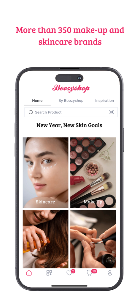 Boozyshop - the make up app - Boozyshop app home screen showing makeup and skincare product categories and brands