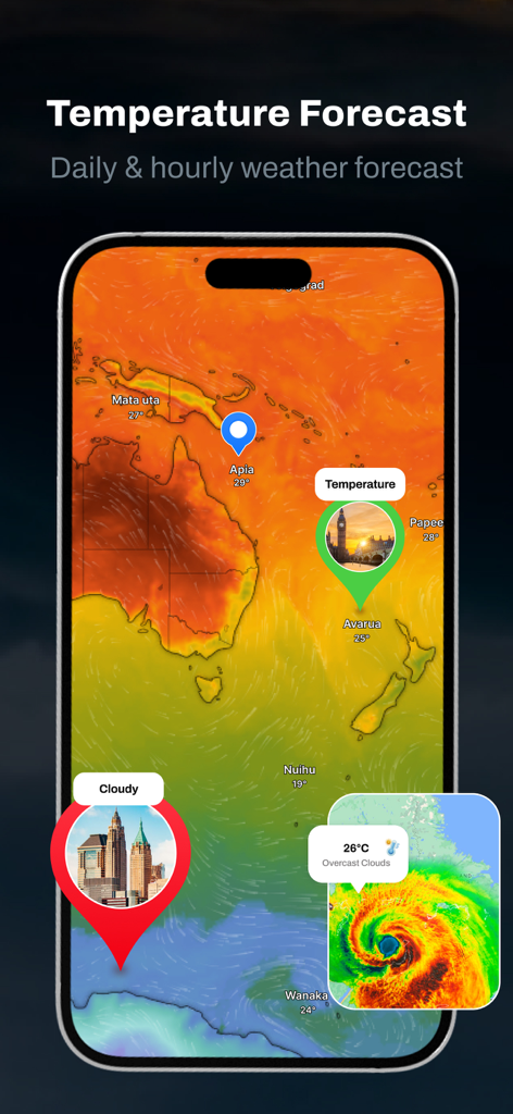 Mapa de calor de pronóstico de temperatura global e interfaz de radar de tormentas en un teléfono inteligente