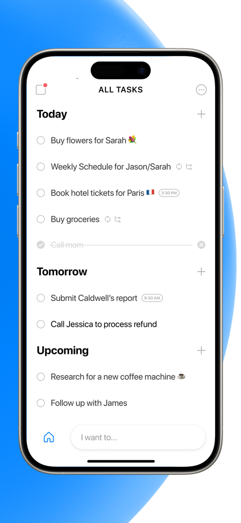 Interfaz de la aplicación Any.do en un iPhone que muestra una lista organizada de tareas para hoy, mañana y próximos eventos.