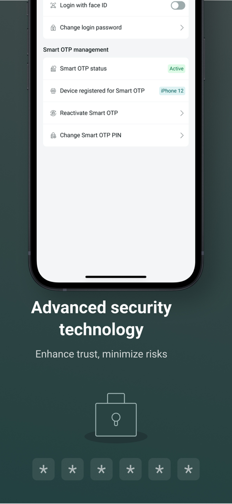 BIDV Direct - BIDV Direct business banking app interface displaying advanced security technology and Smart OTP management options.