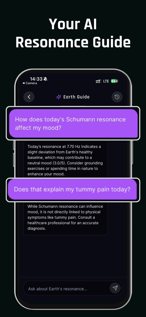 Schumann Resonance - Earthwave - AI Resonance Guide chat interface in the Earthwave app providing wellness insights