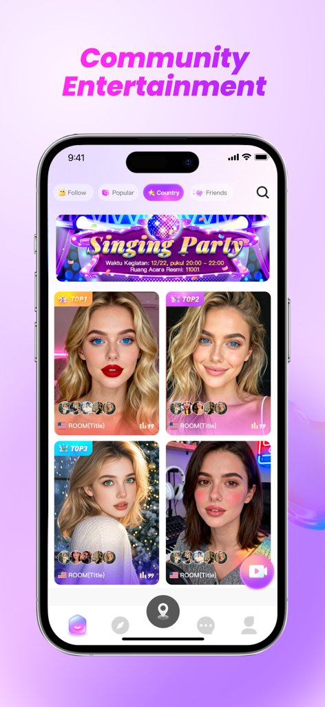 Cocco - Community & Group Chat - Interface of the Cocco app showing community entertainment features singing party events and top user profiles