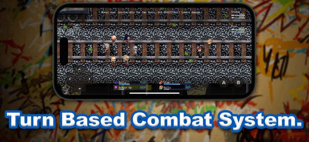 The Tribe Game - Système de combat au tour par tour dans The Tribe Game mettant en scène des personnages en pixel art sur des voies ferrées