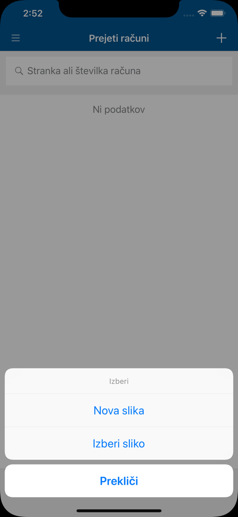 Interface of Minimax Accounting app showing the received invoices screen and photo upload options for receipts